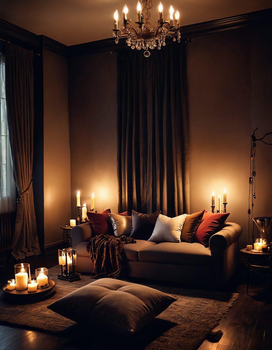 An elegant and alluring scene depicting a cozy dimly-lit room with plush cushions, soft fabrics, and an array of tasteful BDSM accessories. Include subtle intimate elements like candles and silk ropes arranged artfully, evoking a sense of exploration and sensuality. The overall atmosphere should radiate warmth and intrigue, enticing viewers to delve deeper into the topic. soft focus, moody lighting, warm tones, super-realistic.