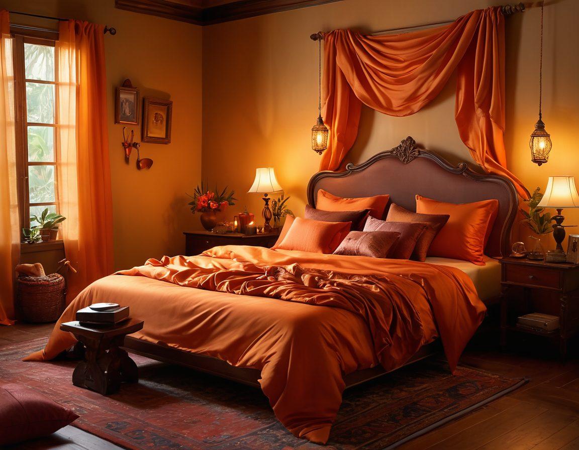 An ethereal scene featuring a softly lit bedroom adorned with silky sheets and plush pillows, suggestive silhouettes of intertwined bodies, a playful array of exotic tools and props subtly placed around, and warm candlelight casting a romantic glow. The atmosphere exudes intimacy and curiosity, inviting exploration and passion. super-realistic. vibrant colors. warm tones.