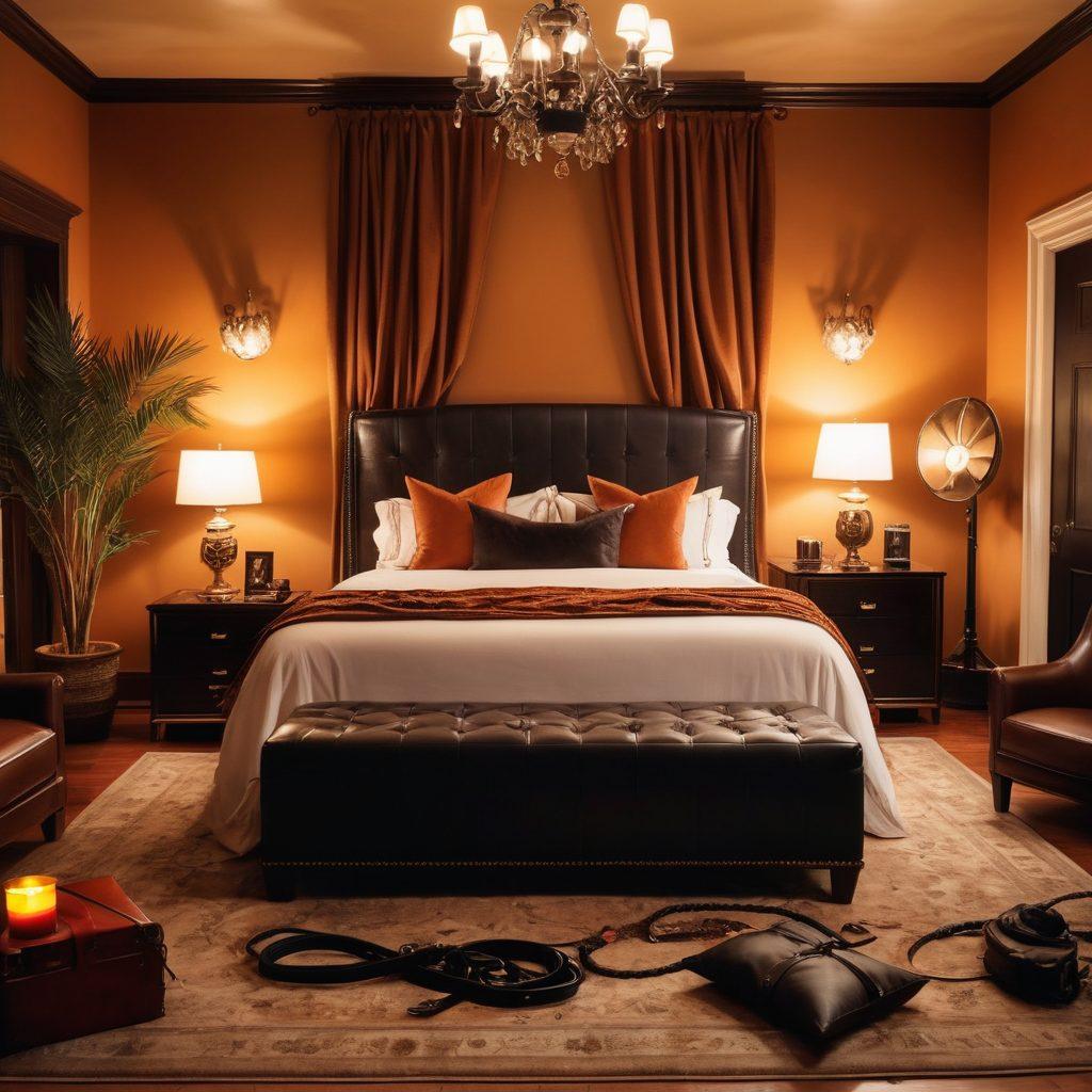 A captivating scene depicting an elegant, dimly lit room adorned with luxurious BDSM accessories, such as leather cuffs, ropes, and a plush bed. In the background, intriguing silhouettes of adventurous couples exploring their desires, filled with a sense of excitement and intimacy. Soft candlelight flickers, casting a warm glow over the scene, enhancing a thrilling yet safe atmosphere. Emphasize passion and exploration while maintaining a tasteful and artistic vibe. super-realistic. warm colors. intimate setting.